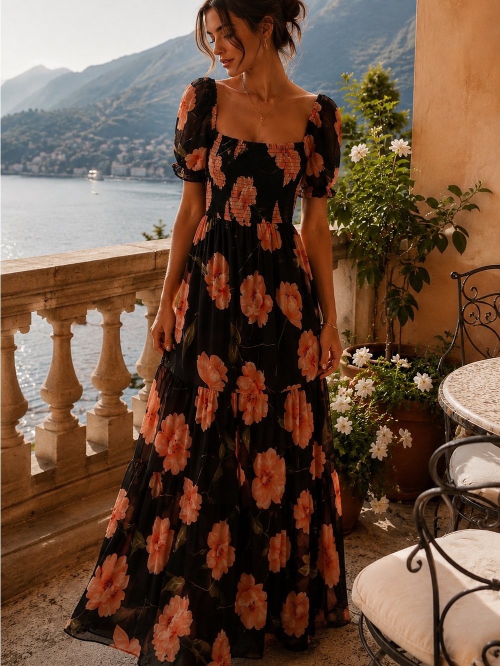 Anthropologie Patron’s of Peace Black Maxi Dress Peach Floral Print Puff Sleeves
